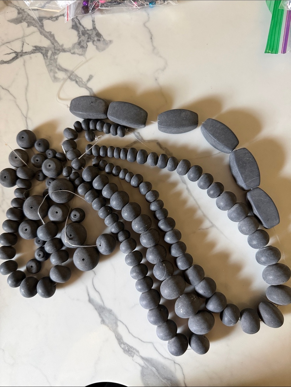 Opaque Matte Gray recycled glass Round and Oval Bead Necklace Strands.